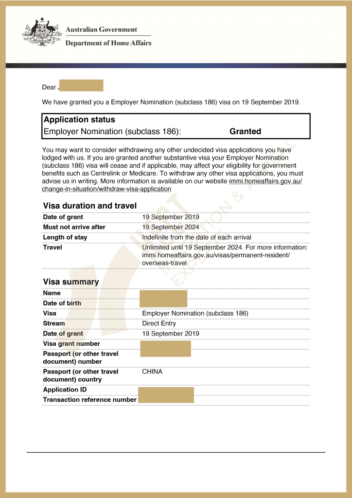 The approval notice for a 186 Employer Nomination Scheme permanent visa granted by the Department of Home Affairs.