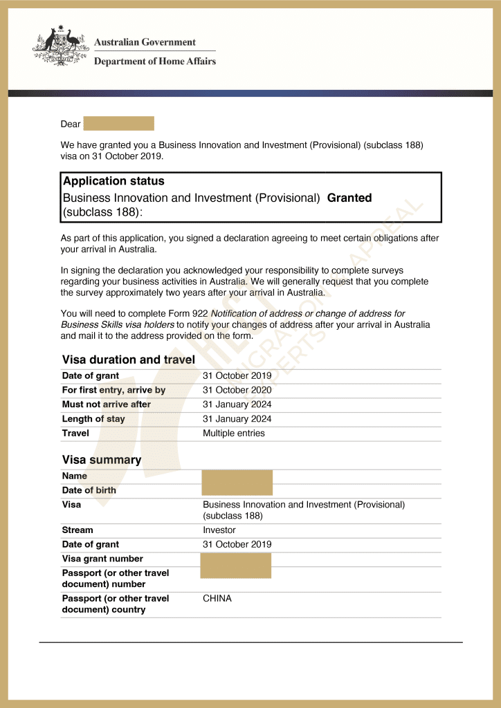 The 188B Investor visa grant notice for a client with a pure property investment background successfully approved.