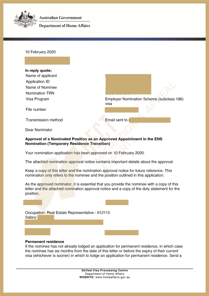The 186 visa nomination approval notice for a client over 45 years old who successfully obtained an age exemption after achieving IELTS 6.0.