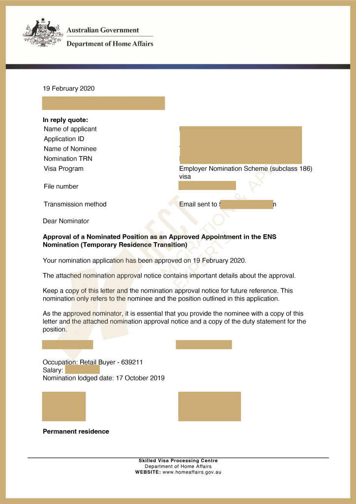 The approval notice for a high-risk 186 Direct Entry visa application for a Retail Buyer, granted with no RFI.