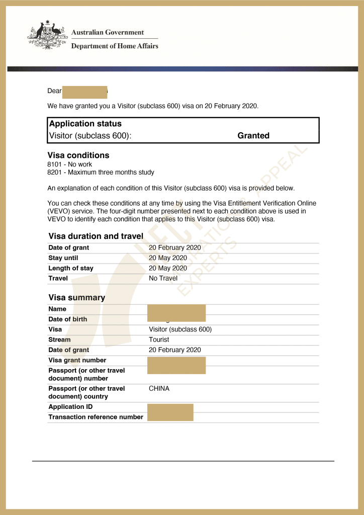 Australian 600 Visitor Visa grant letter for onshore extension approved without medical exam during pandemic.