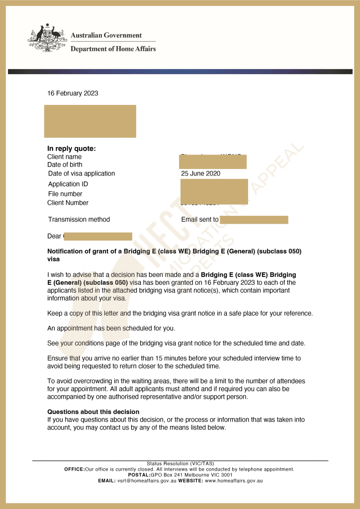 Grant notice for a Bridging Visa approved after a successful ART appeal against refusal due to criminal record.