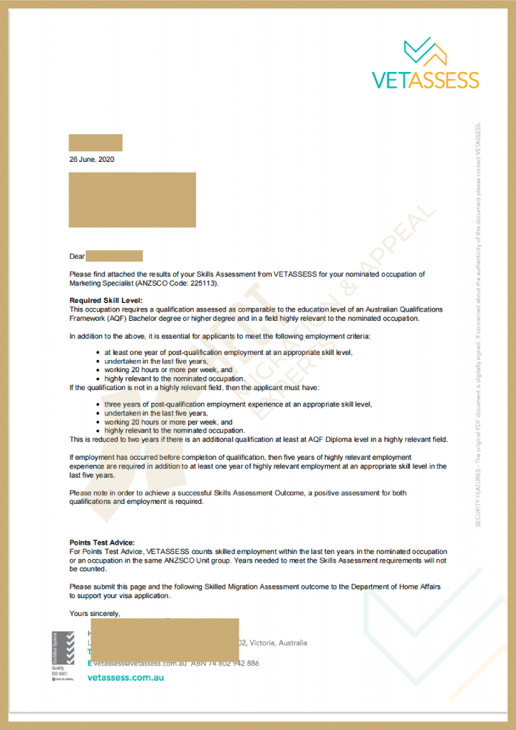 VETASSESS positive skills assessment approval letter for Marketing Specialist occupation