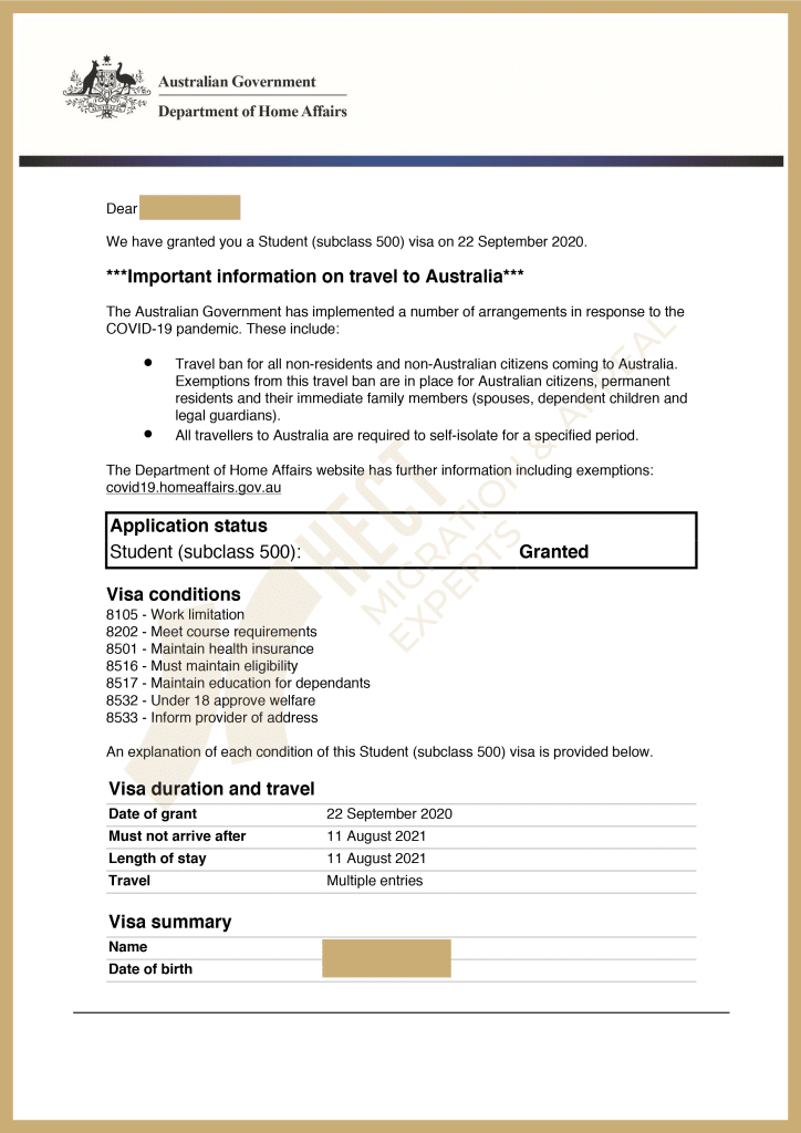 Australian 500 Student Visa grant letter for single mother from high-risk region, approved in 20 days through offshore renewal.