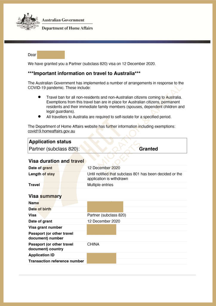 Australian 820 Onshore Partner Visa grant letter, processed within 10 months.