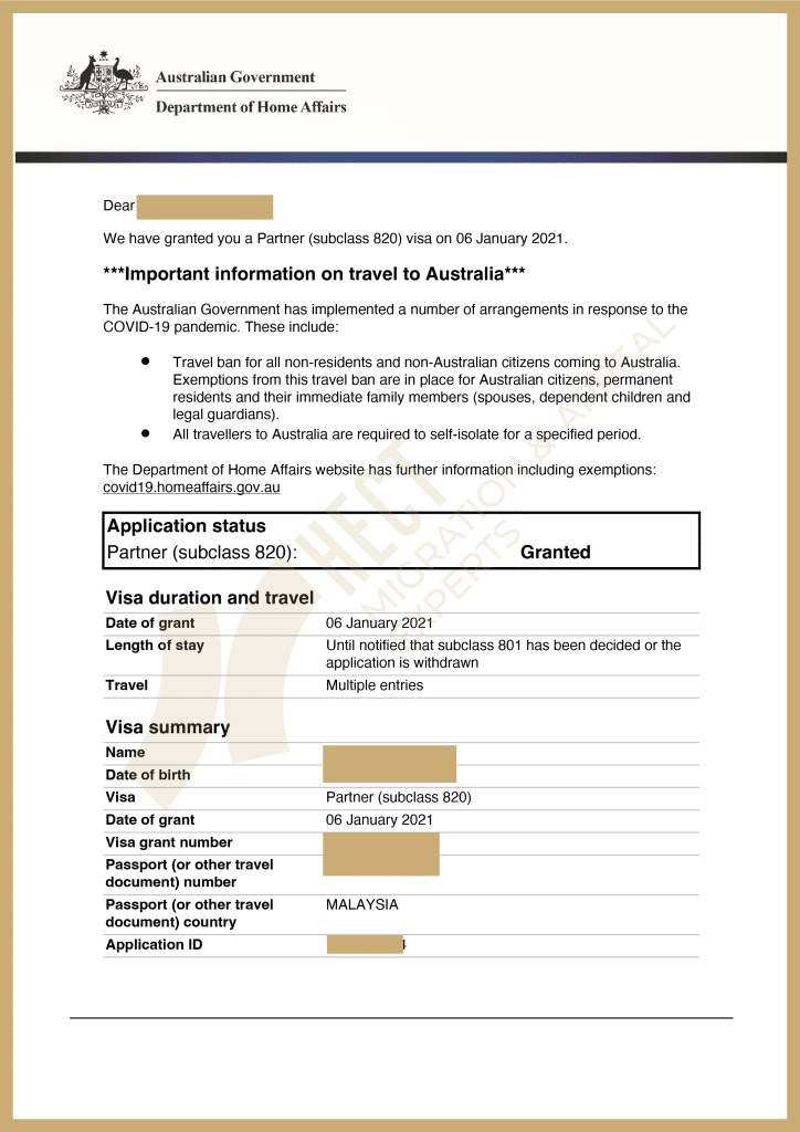 Australian 820/801 Onshore Partner Visa grant letter for an applicant who overstayed but successfully obtained a Schedule 3 waiver.