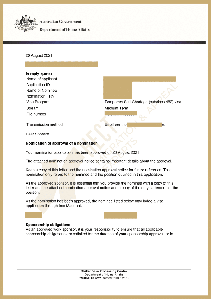 Approval notice for 457 visa employer nomination after successful AAT (Now ART) appeal