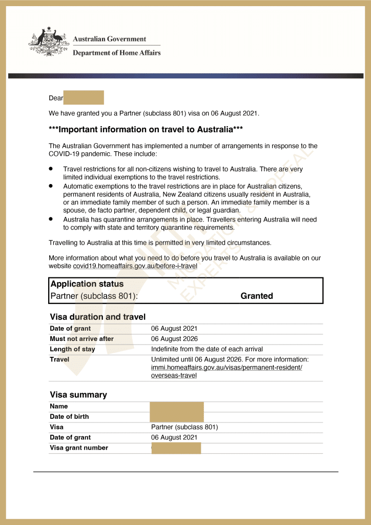 Australian 820/801 Partner Visa grant letter showing concurrent approval of temporary and permanent visas, processed within 6 months.