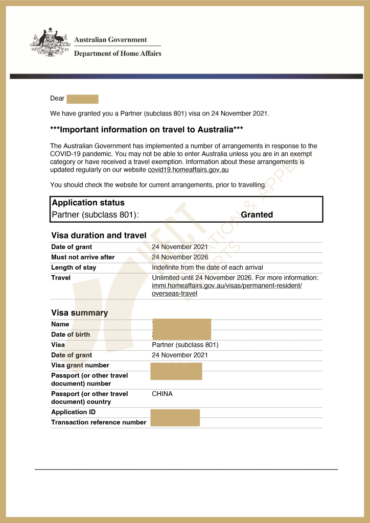 Australian 820/801 Onshore Partner Visa grant letter, demonstrating efficient processing and a successful application outcome.