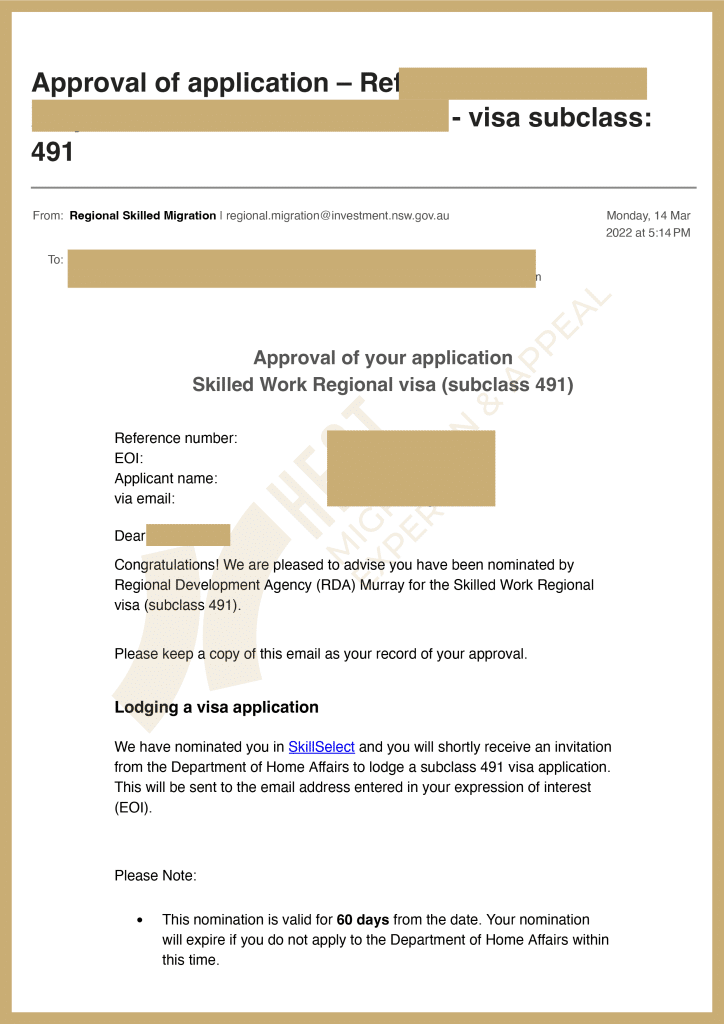 The 491 state nomination invitation approval for a bridging visa holder during FCC appeal process.