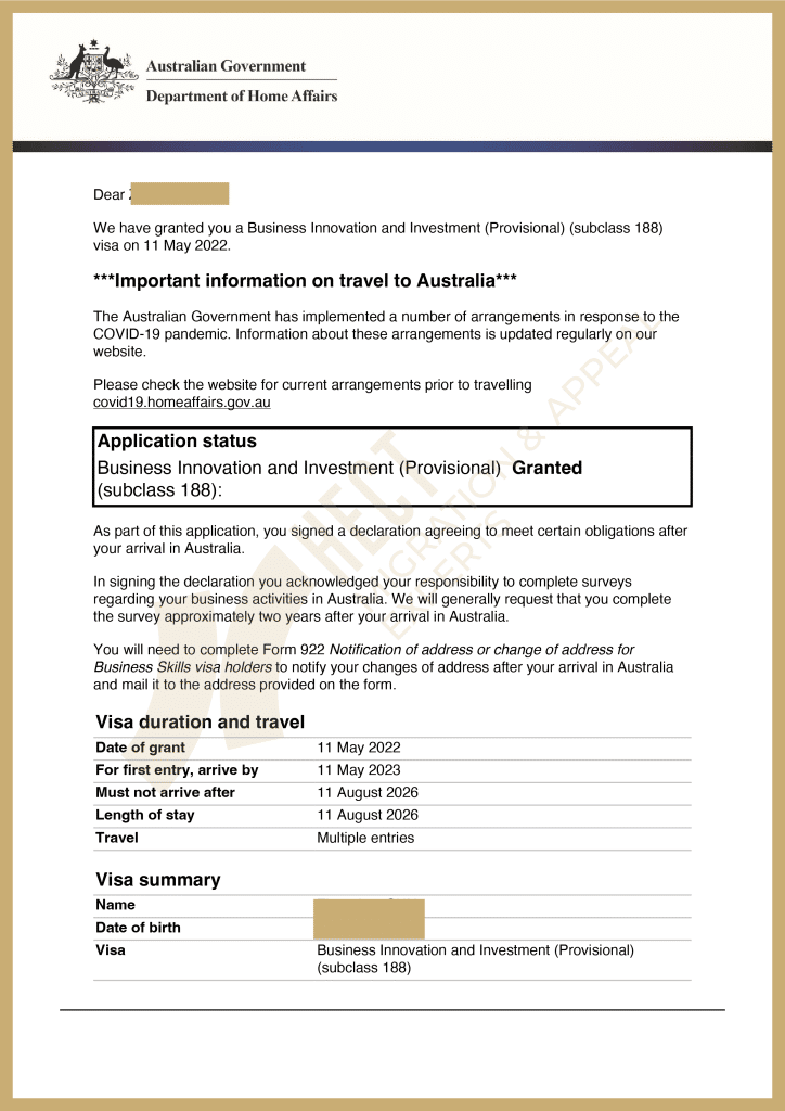 The 188A and 888A investor visa grant notices for a client who successfully explained a significant source of funds without personal tax records.