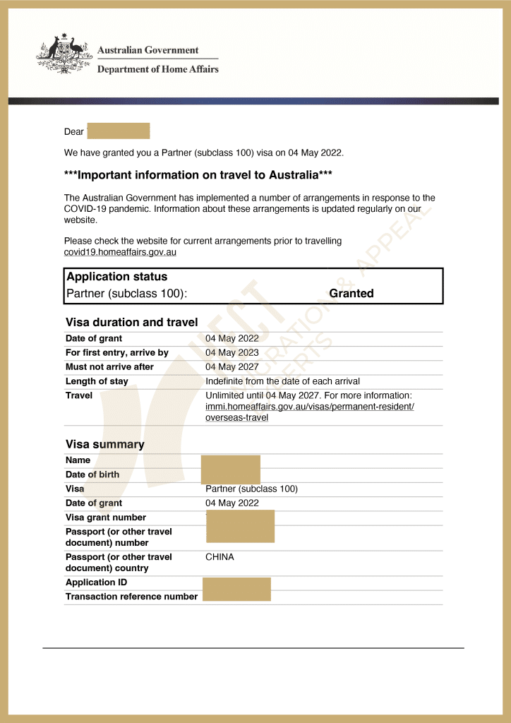 Australian 309/100 Partner Visa grant letter for an applicant with multiple refusals and AAT appeal failure, successfully granted through offshore application.