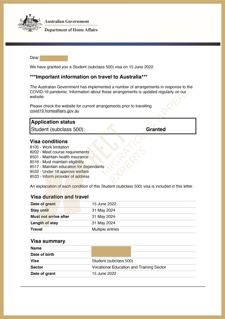 Grant notice for 500 Student Visa approved after successful AAT appeal