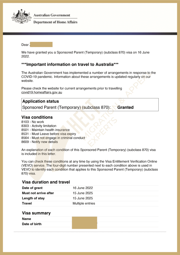 The 870 Sponsored Parent Visa grant notice approved within an exceptional 3-month processing period.