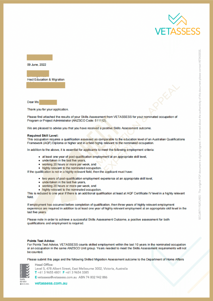 The VETASSESS positive skills assessment outcome for a Program Administrator applicant approved in 1 week.