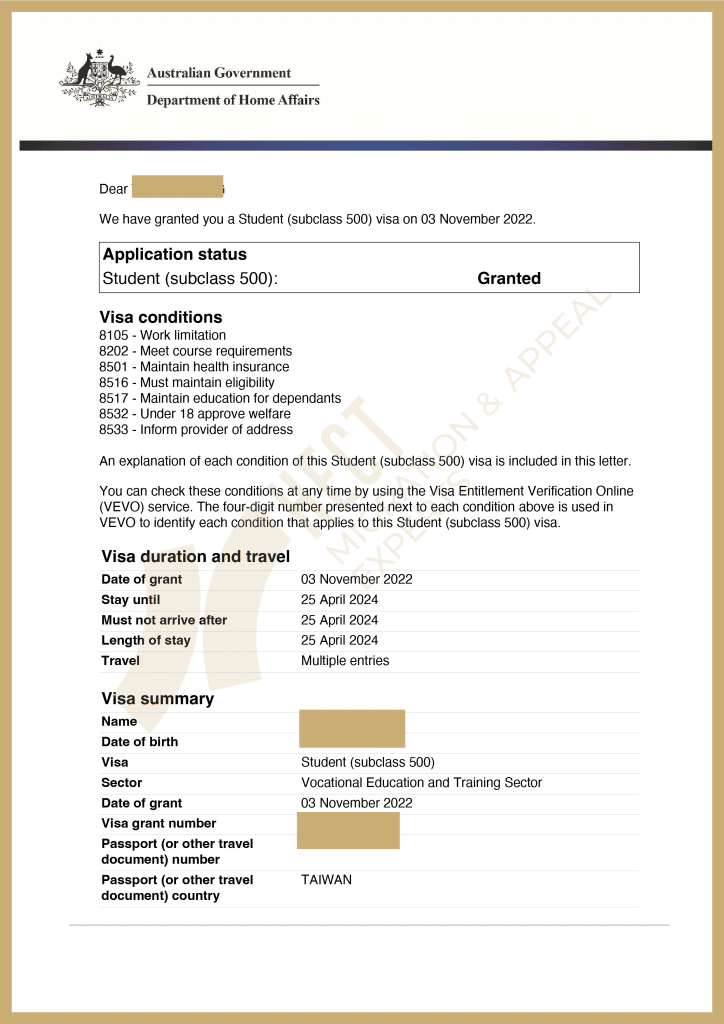 Australian 500 Student Visa grant letter, successfully addressing study gap and slow academic progress issues.
