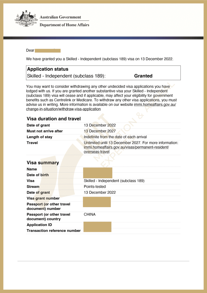 The 189 Skilled Independent visa grant notice for an onshore registered nurse approved in 3 months.