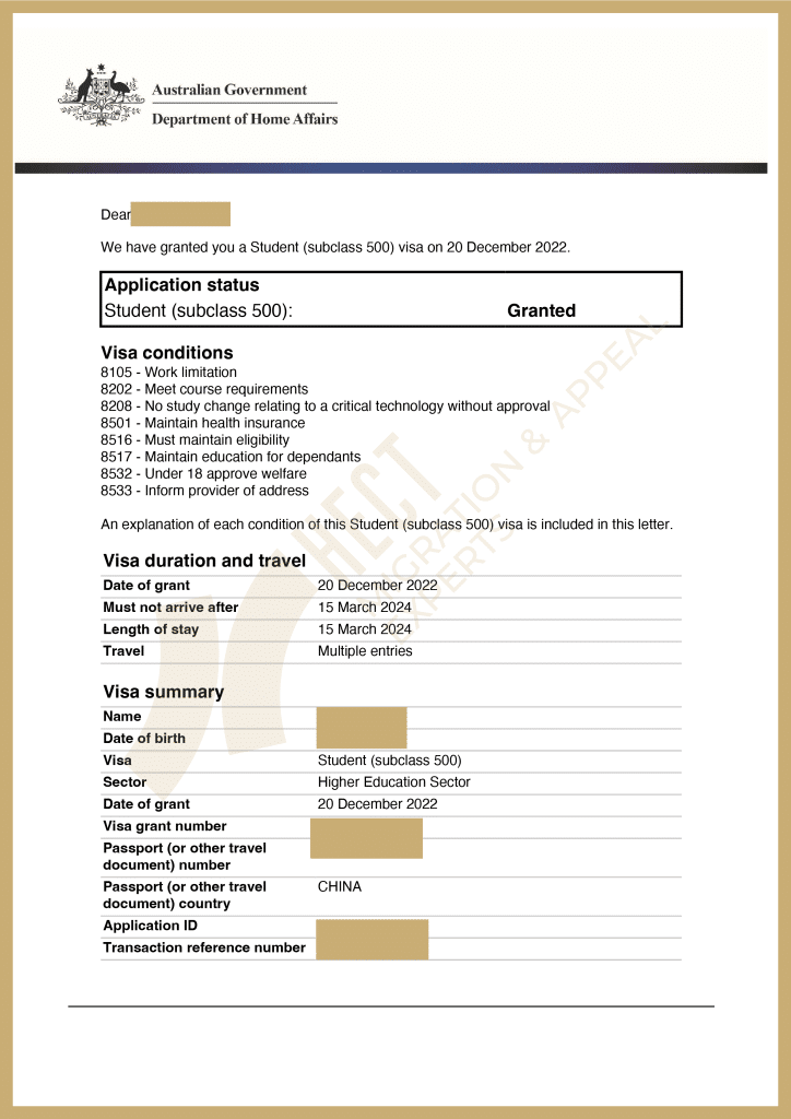 Australian 500 Student Visa grant letter for a mature applicant successfully approved during strict assessment period.