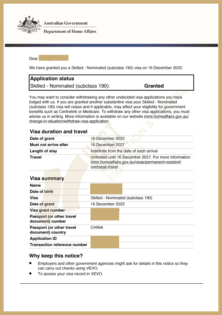 Australian VIC 190 Skilled Nominated Permanent Visa grant letter for a self-employed Graphic Designer primary applicant and an Electrical Engineer secondary applicant.