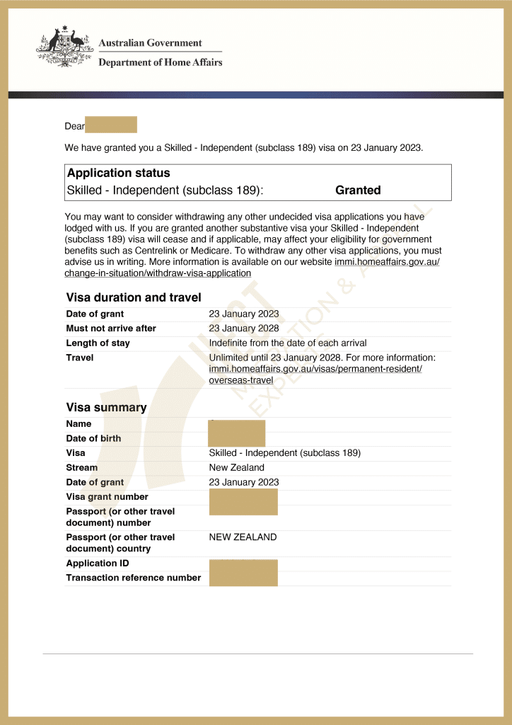 The 189 Skilled Independent visa grant notice under the New Zealand citizen stream, approved without income proof requirements.