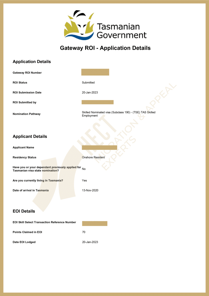 The Tasmania state nomination invitation for 190 visa showing instant approval in 1 second for a Health Promotion Officer.