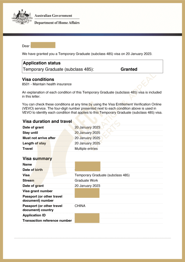 The 485 Temporary Graduate visa grant notice showing record-breaking instant approval in 1 second.