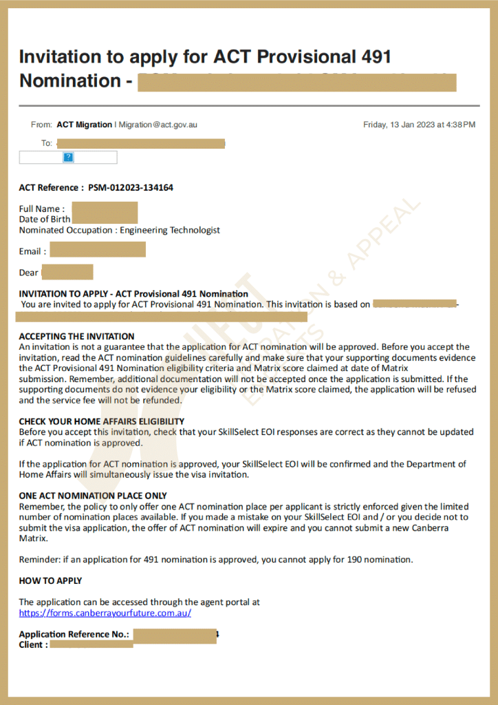 The ACT state nomination approval for a 491 visa application from an overseas Engineering Technologist with 65 points.