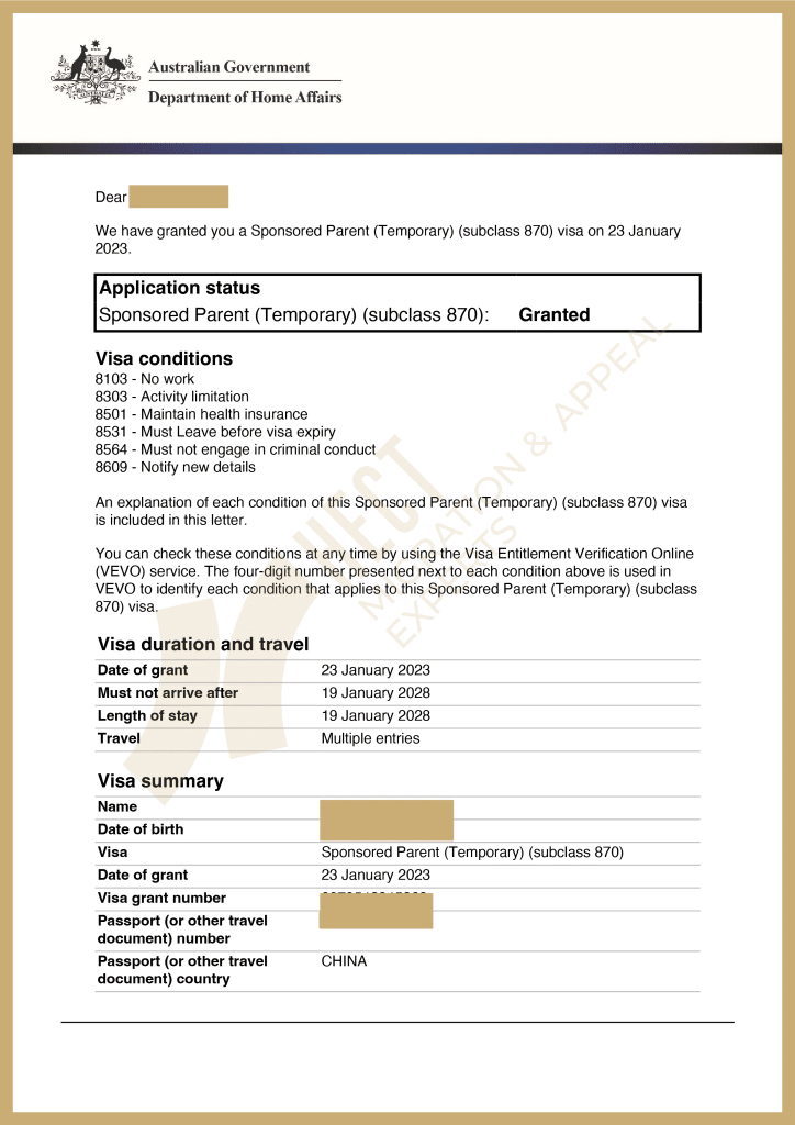 The 870 Sponsored Parent Visa grant notice approved using a Joint Sponsor to meet the financial requirements.