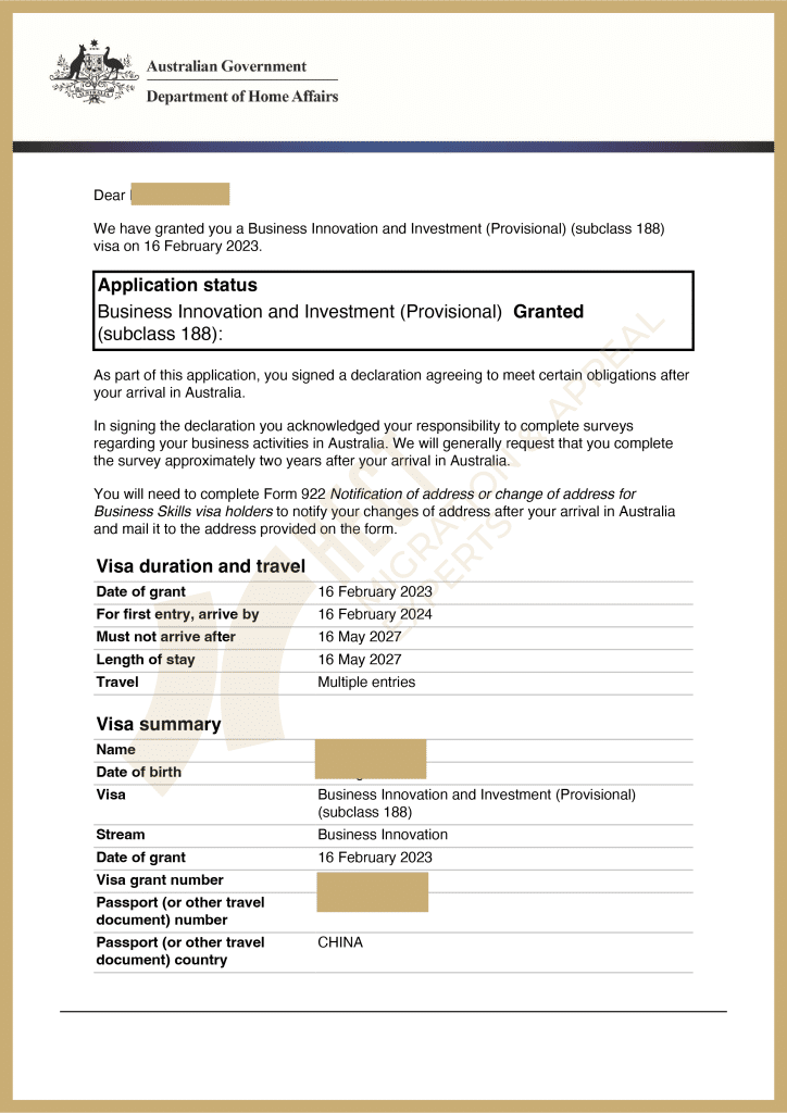The 188A Business Innovation visa grant notice for a client with a non-profit social enterprise, approved through NSW nomination.