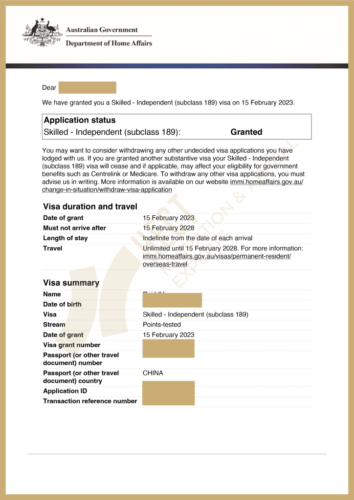 The 189 Skilled Independent visa grant notice for an applicant approved after a previous 190 visa refusal.