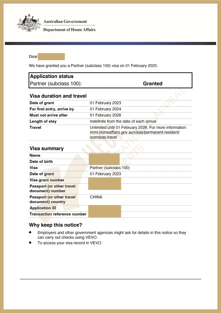Australian 309/100 Partner Visa grant letter for an applicant with an unknown visa cancellation history, successfully avoiding PIC 4020 refusal.