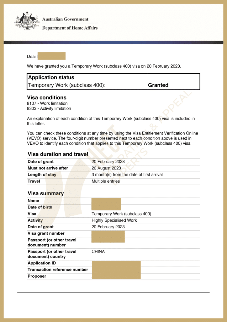 The 400 short stay visa grant notice showing 6-month multi-entry approval for engineering experts conducting equipment commissioning in Australia.