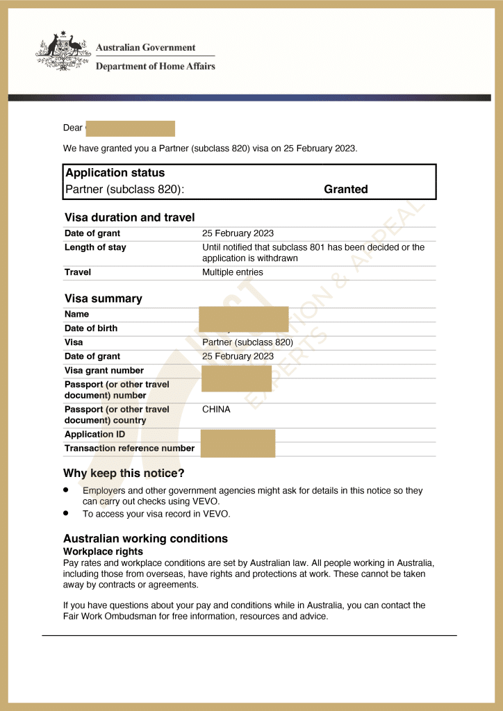 Australian 820/801 Onshore Partner Visa grant letter for an applicant with nearly 10-year overstay history and no common children.