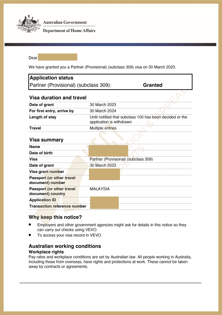 Australian 309/100 Partner Visa grant letter for a Malaysian applicant with a 4-year overstay history and no initial documentation preparation.