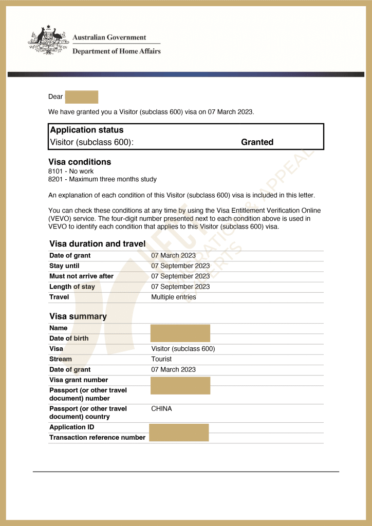 Australian 600 Visitor Visa grant letter for PR's parents obtaining 5-year multiple entry visa.