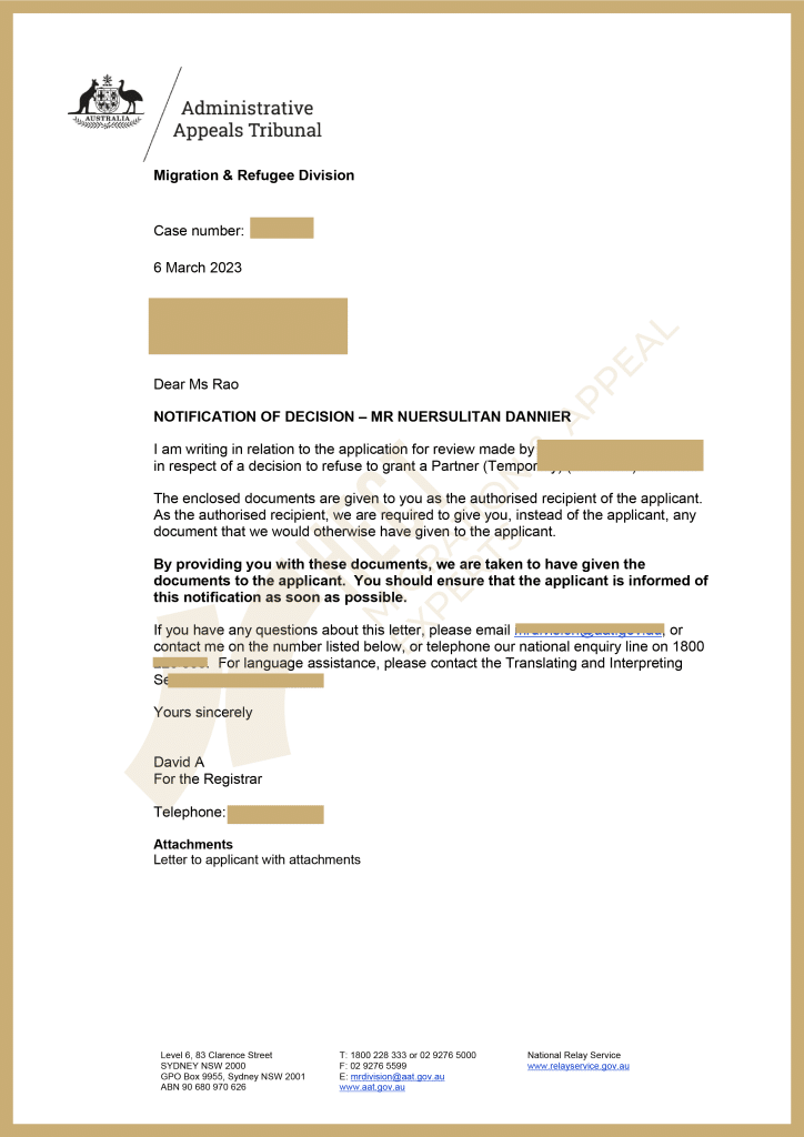 Successful ART appeal case study showing the overturning of an 820 partner visa refusal decision.