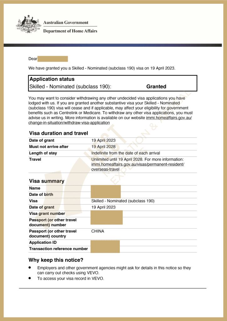 Australian NSW 190 Skilled Nominated Permanent Visa grant letter for a Marketing Specialist granted with high points during the COVID-19 pandemic.
