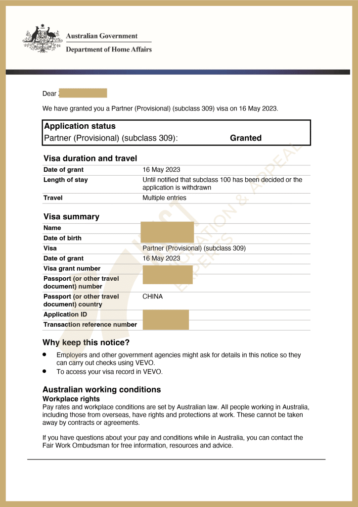 Australian 309 Partner Visa grant letter for a single mother with a previous investment visa refusal and history of domestic violence.