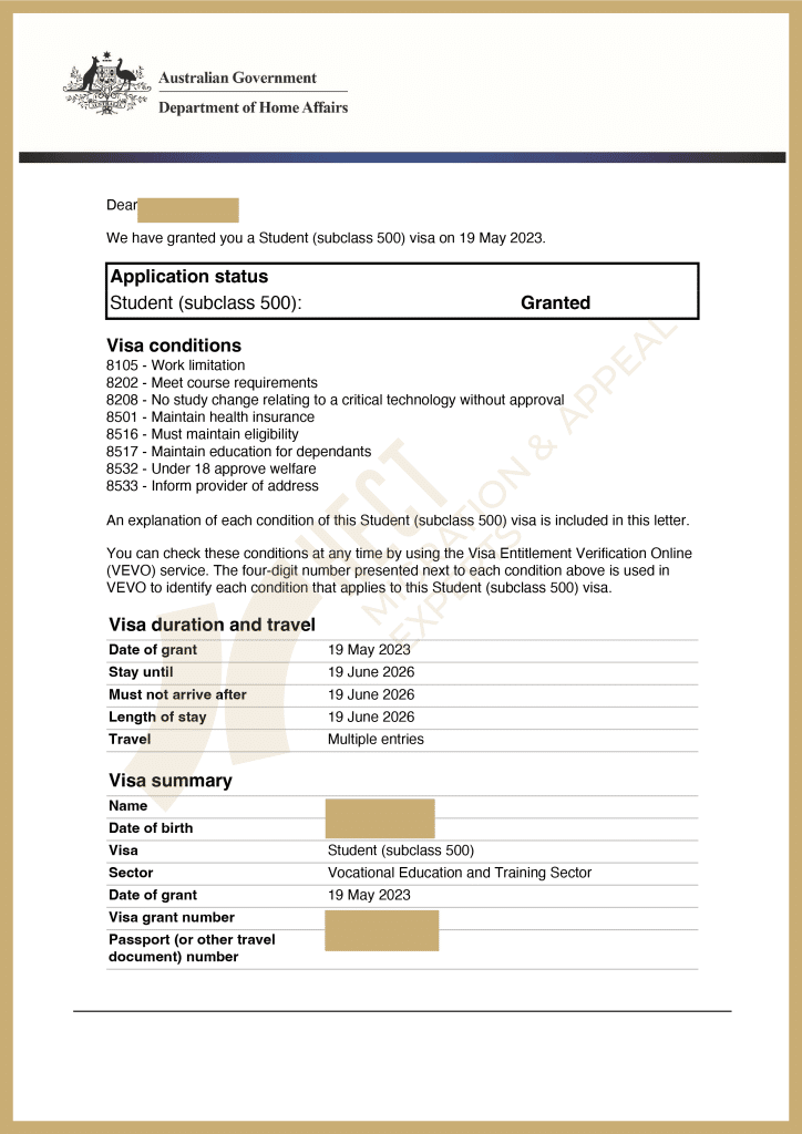 Australian 500 Student Visa grant letter for a 50-year-old single mother successfully obtaining visa for culinary studies.