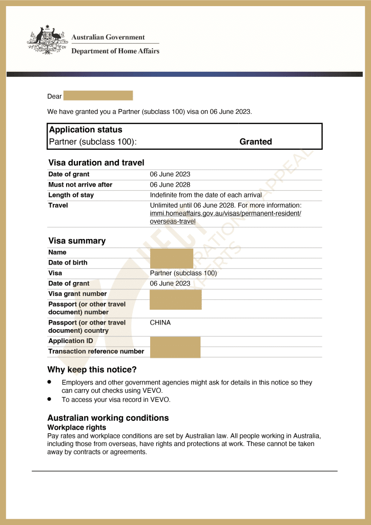 Australian 309/100 Partner Visa grant letter, successfully overcoming complex refusal history through 5-year ART appeal.