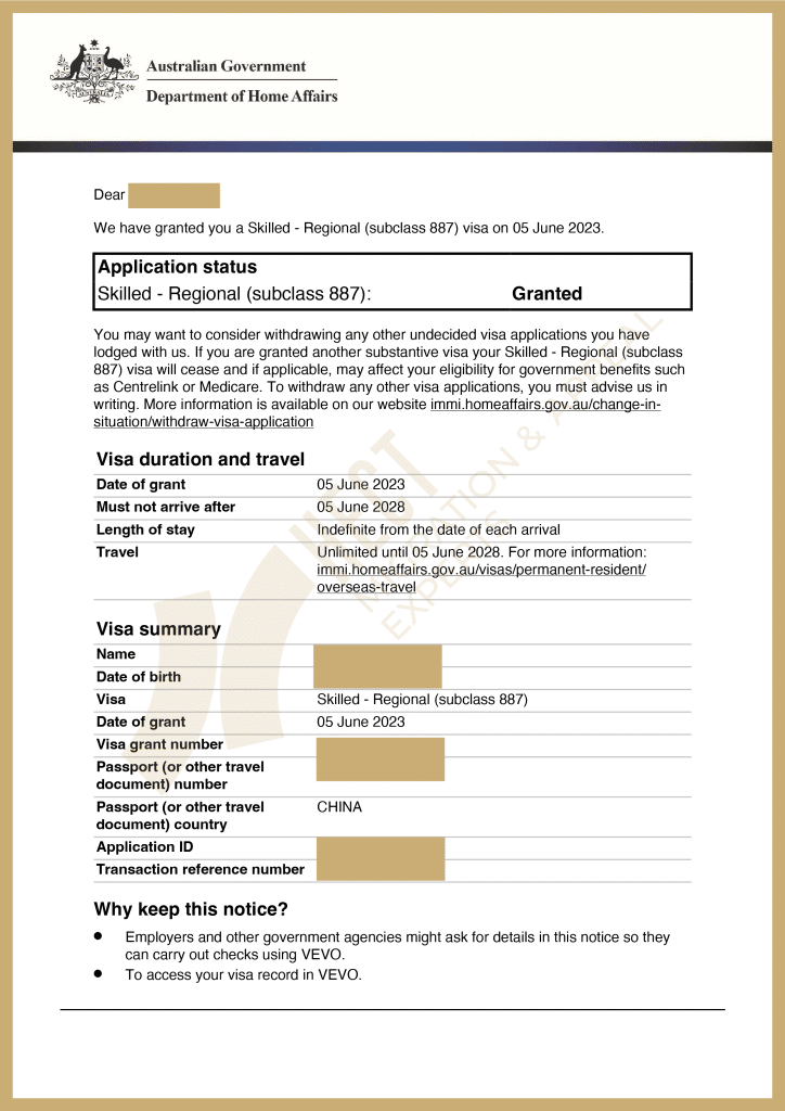 The 887 permanent visa grant notice for a single mother nurse who successfully transitioned from 489 regional visa during pandemic.