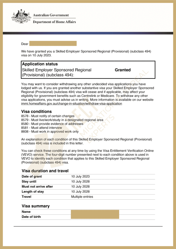 The 494 visa grant notice showing successful age and English exemption approval through the DAMA scheme for regional employer sponsorship.