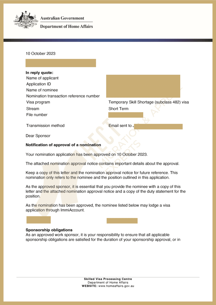 The 482 visa nomination approval notice for a Butcher, granted rapidly despite a past revenue dip, following a strong post-COVID recovery.