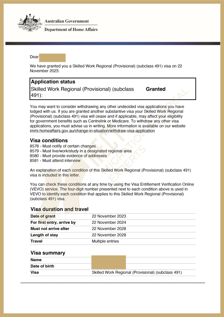 Grant notification letter for a subclass 491 visa approved for an offshore Hotel Manager.