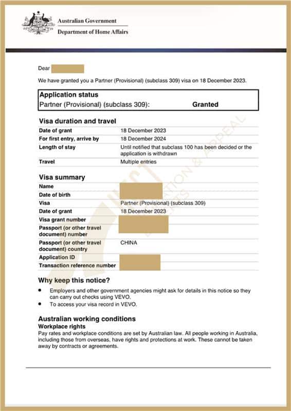 309 partner visa grant notice for couple with 14-year age gap approved in 3 months