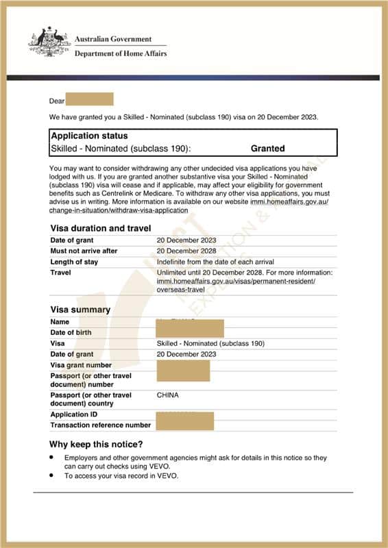 Grant notice for a 190 permanent visa obtained by an Accounting graduate through the ACT Small Business pathway.
