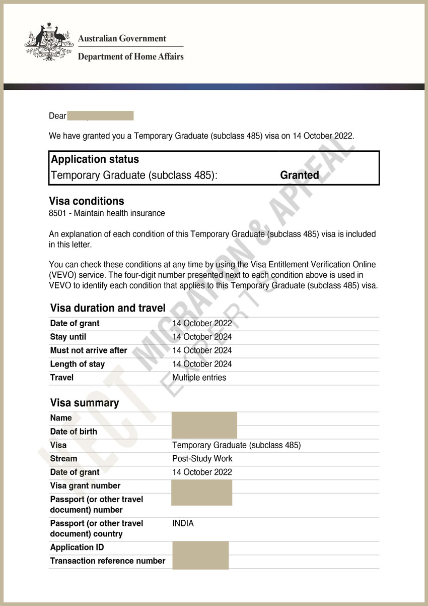 AAT Successful Case 10 Subclass 485 - HECT Migration & Appeal Experts