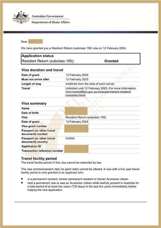Grant notice for a Subclass 155 Resident Return Visa, approved after more than 10 years outside of Australia.