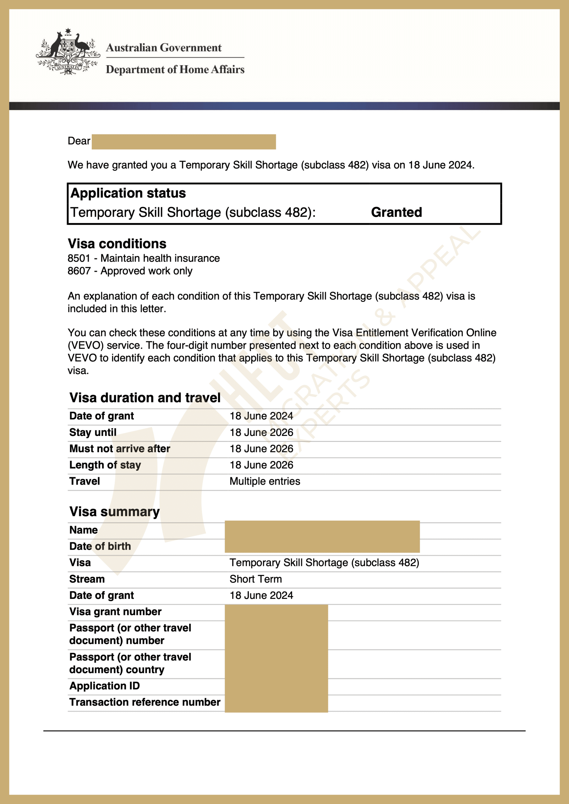 The 482 visa grant notice for a Disabilities Services Officer, approved in 5 days.