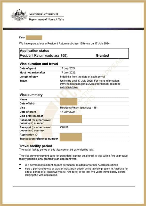 155 Resident Return Visa approval letter granted after previous refusal.